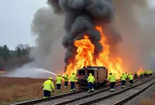 Firefighters battle huge blaze after train derailment in western Russia